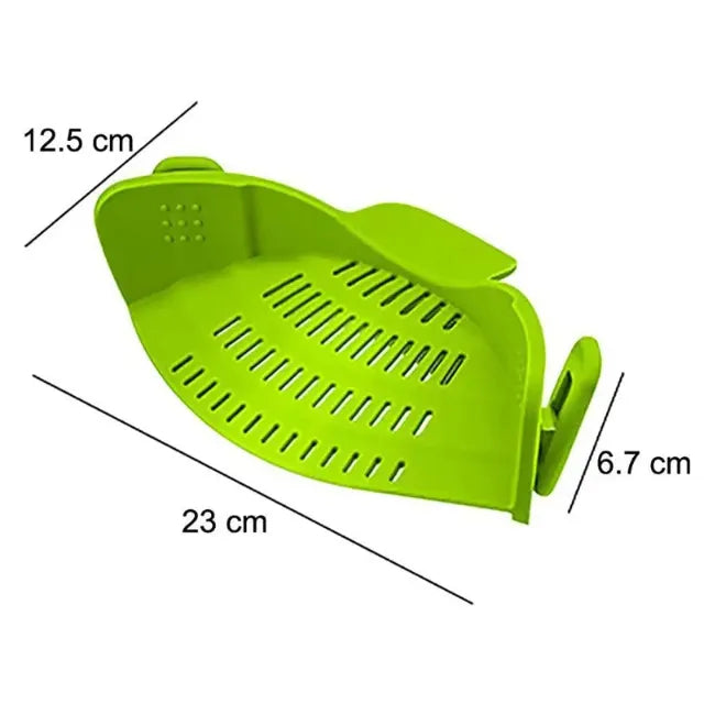 Green silicone strainer with dimensions on white background