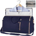 Navy blue travel bag with a blue shirt on a hanger and a clear pouch inside