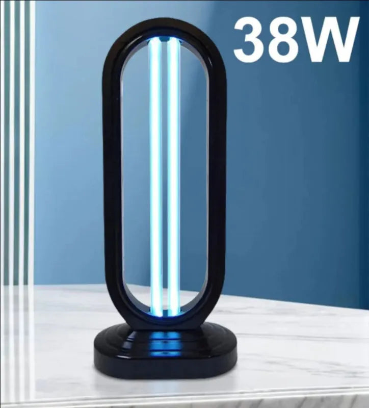 Black UV light sterilizer on a white surface with a blue background and '38W' text.