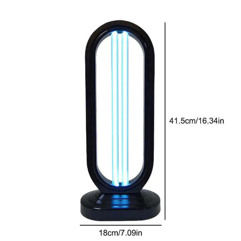 Black ultraviolet sanitizer device with blue light emitting on a white background, showing dimensions.