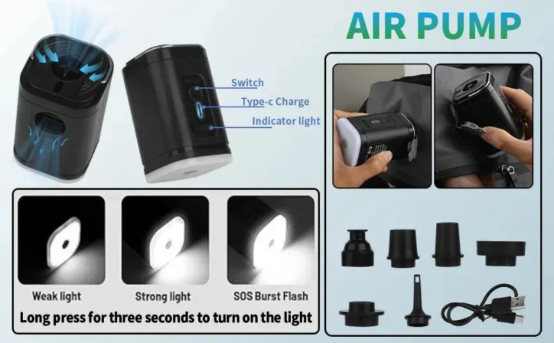 Air pump with safety light features and usage instructions on a blue background