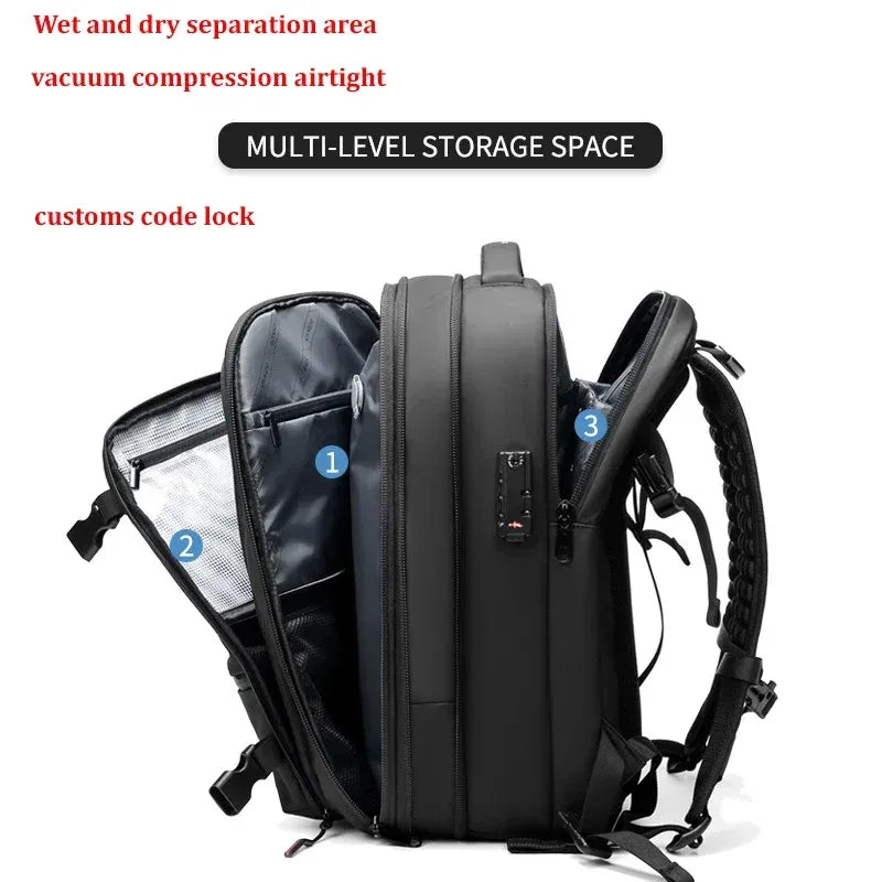 Black vacuum compression backpack with labeled features on a white background