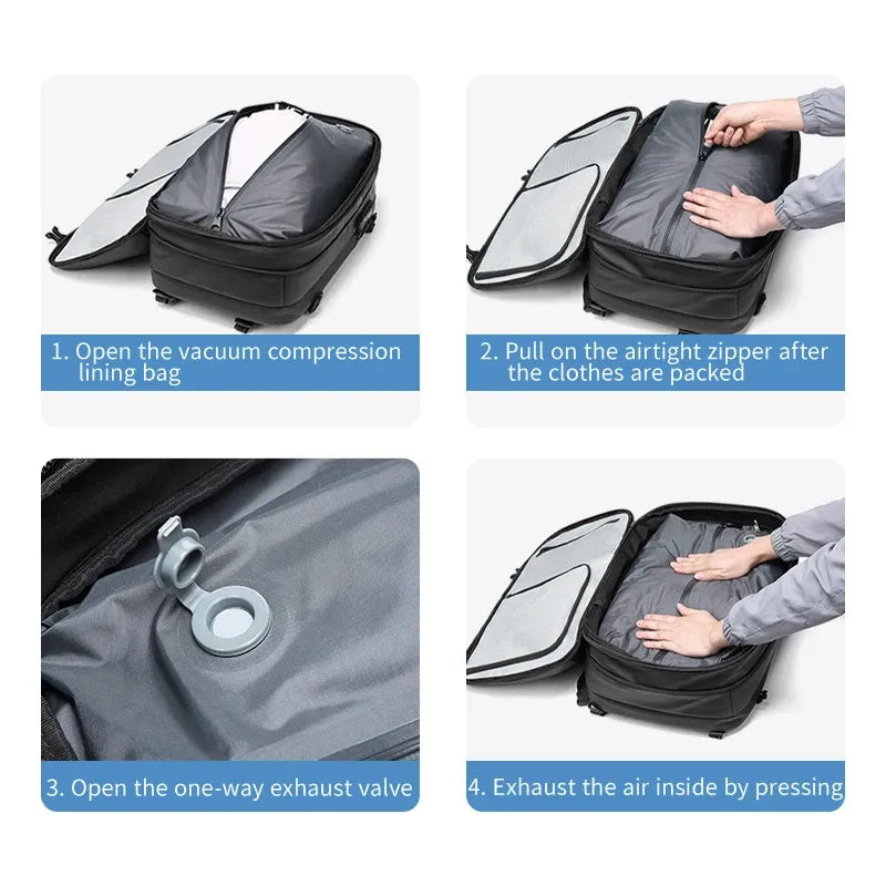 Step-by-step guide on using a vacuum compression bag with text instructions.