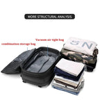 Black vacuum storage bag with folded clothes on a white background