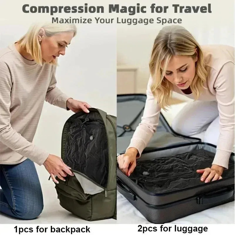 Vacuum compression magic product for travel bags with a woman using it on a backpack and suitcase.
