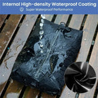 Vacuum compression bag with internal high-density waterproof coating laying on a wooden deck in rain