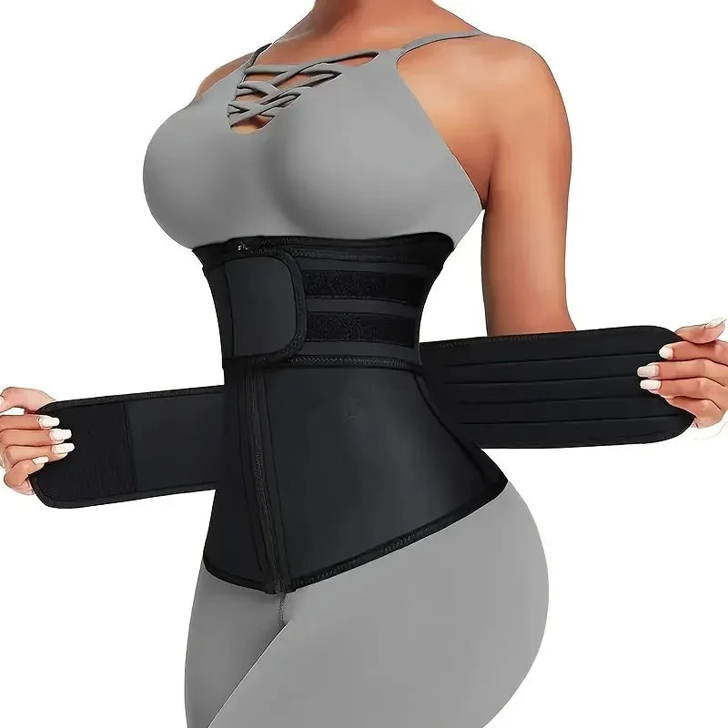 Black waist shaper being worn by a person on a white background