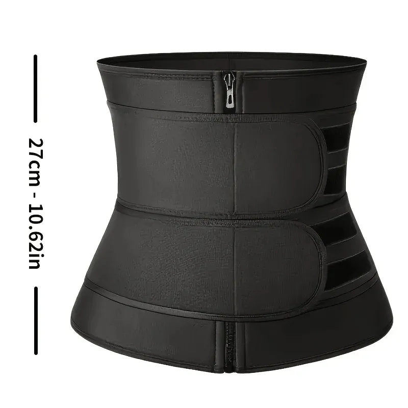 Black waist trainer with measurement details on a white background