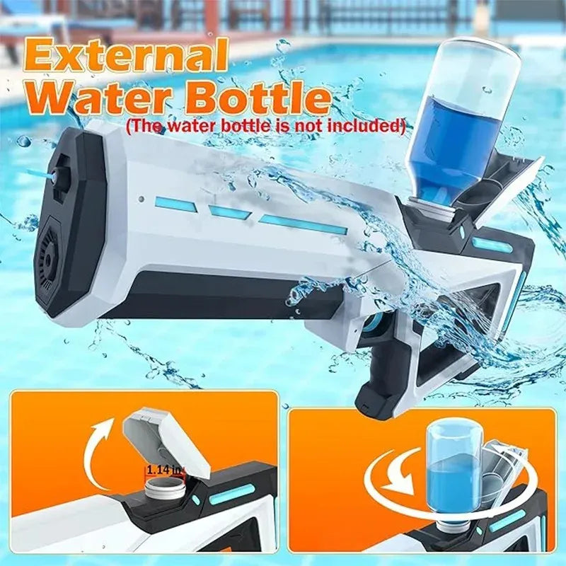 Water gun with external water bottle holder with blue water bottle on a pool background