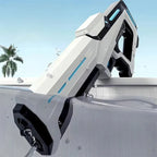 Close-up of a futuristic water gun partially submerged in swimming pool with a clear sky and palm trees in the background