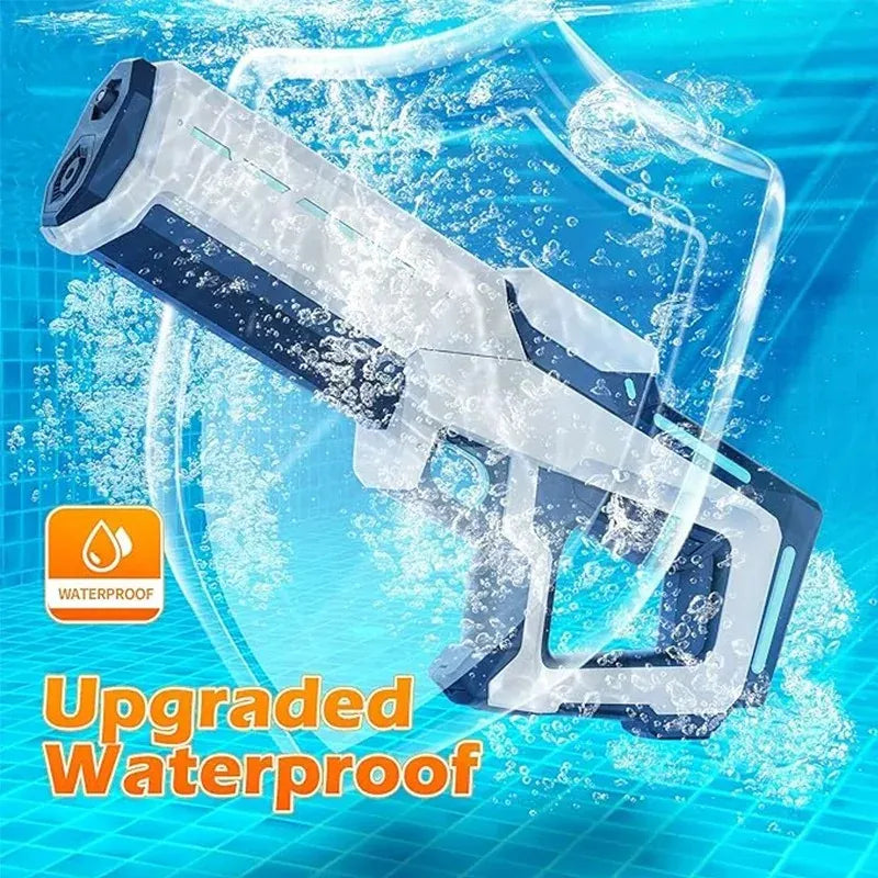 Water gun with water splashes on a blue background, featuring the 'Upgraded Waterproof' label.