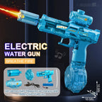 Blue electric water gun with fire feature on a dark background