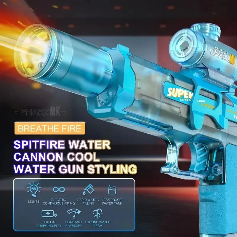 Blue water gun with fire effect and branding features on a dark background