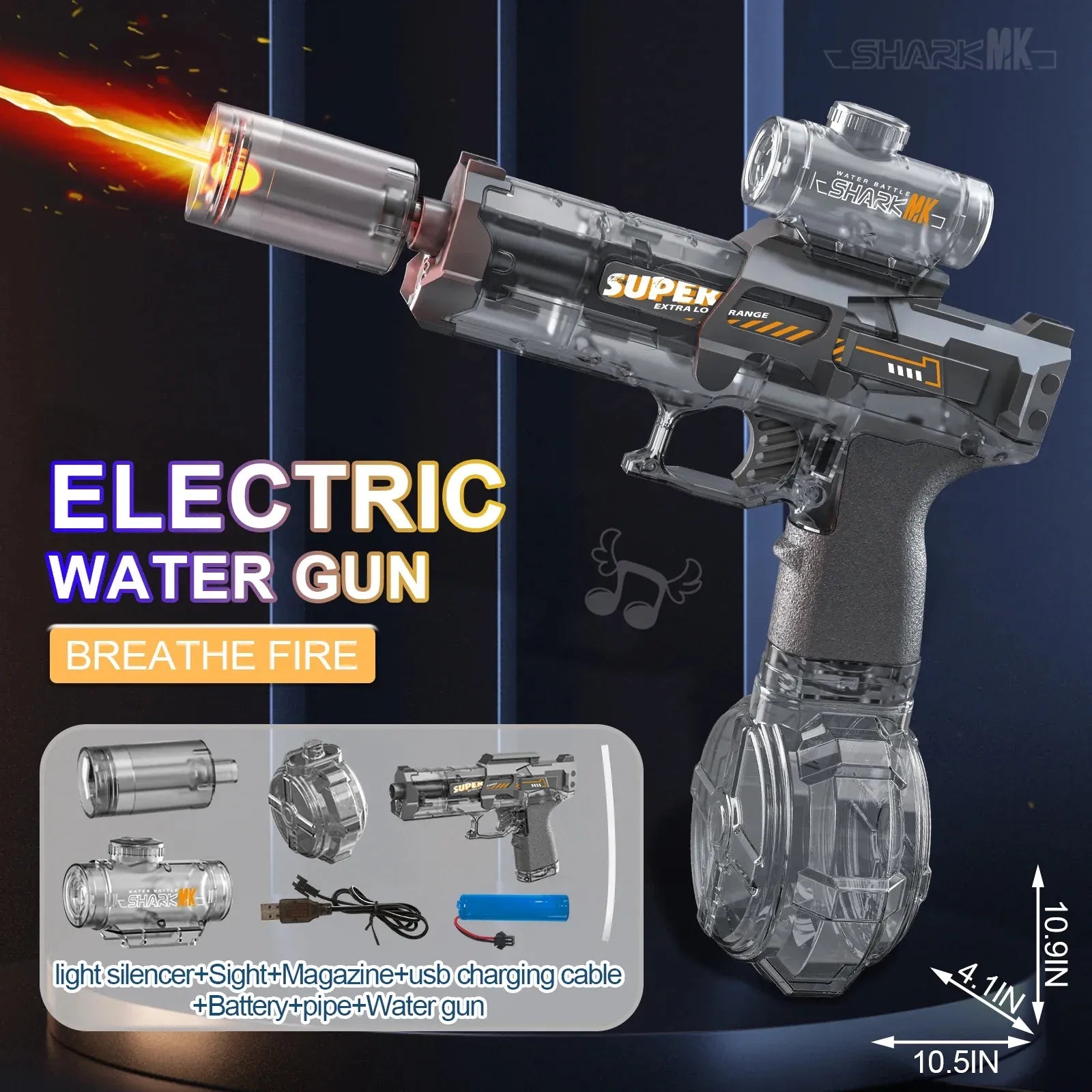 Gray electric water gun with fire feature on a dark background
