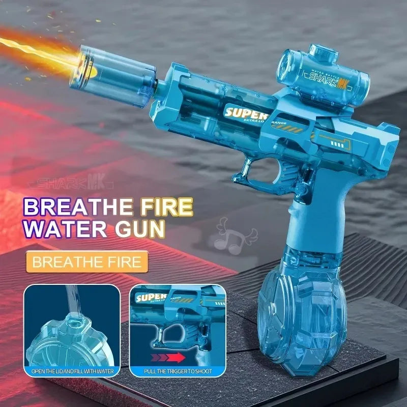 Blue water gun with fire effect and instructions on a dark background